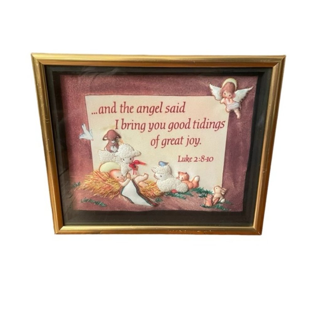 Vintage 1985 Good Tidings Embroidery Art Christmas Angel Bible Luke 2: 8-10